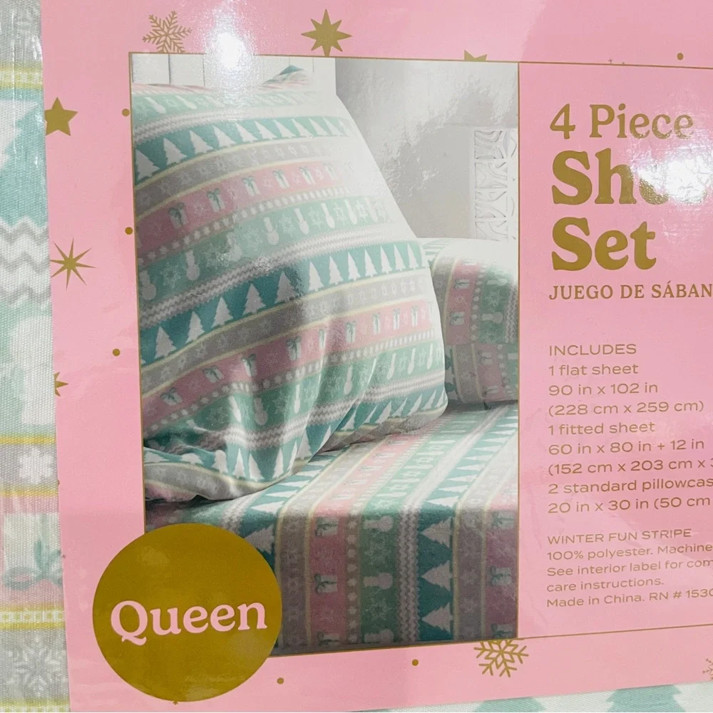 NEW Queen 4 Piece Sheet‎ Set Winter Fun Stripe Christmas Snowman Trees Mint Pink